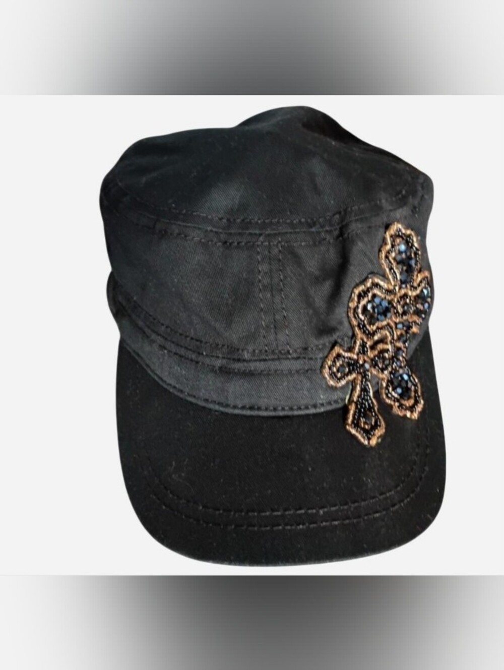 Black Military-Style Cap with Beaded Fleur-de-Lis Accent